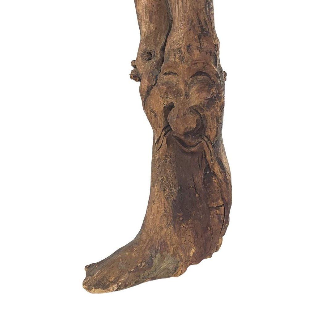 Vintage Hand Carved Spirit Face Tree Branch Wood Folk Art Artist Signed AR 17"
